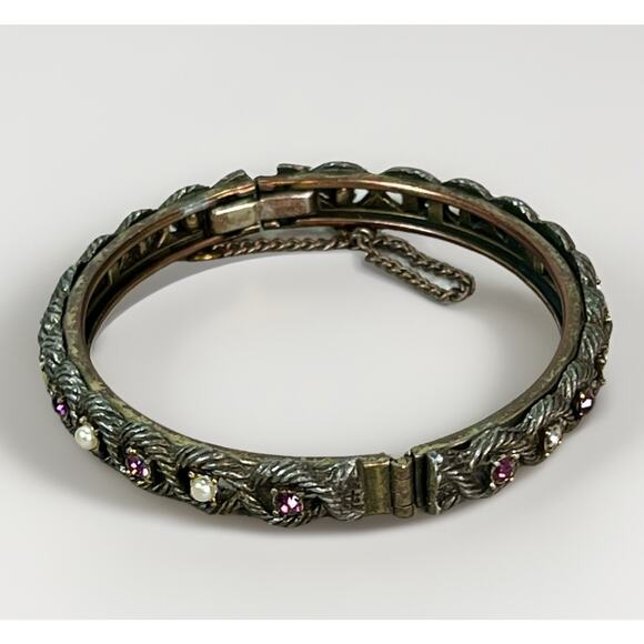 VTG Victorian Revival Hinged Bangle Amethyst Seed Pearls Safety Chain - Picture 2 of 16